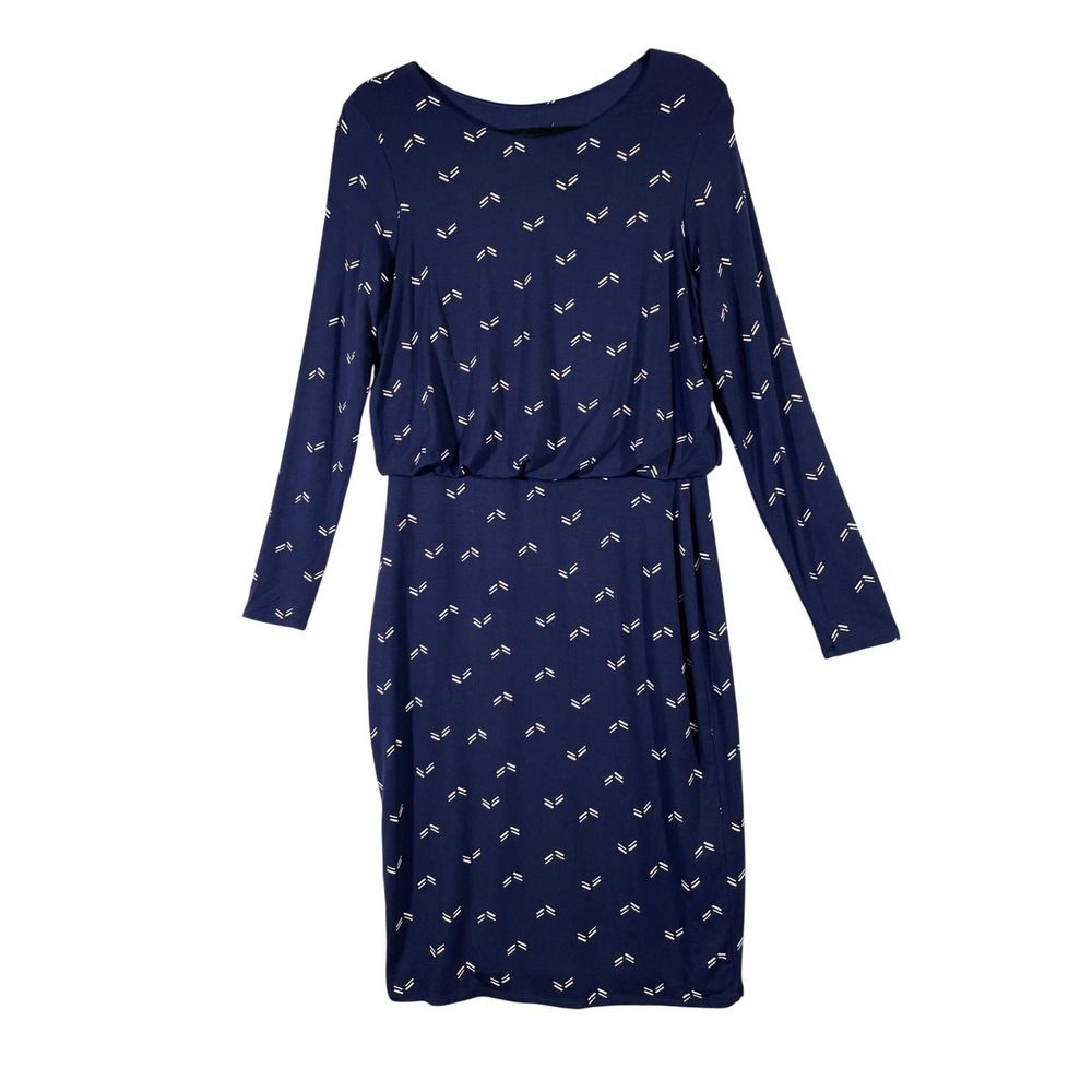 PURE COLLECTION Women's Size M Navy Blue Geometric Print Long Sleeve‎ Midi Dress